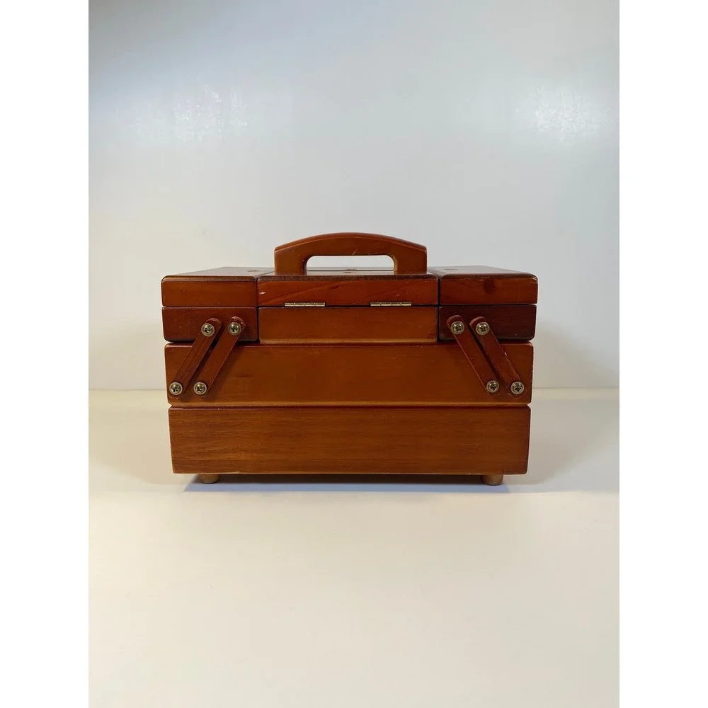 Singer Wooden Accordion Sewing Basket Cantilever Box Cherry Finish Vintage Style